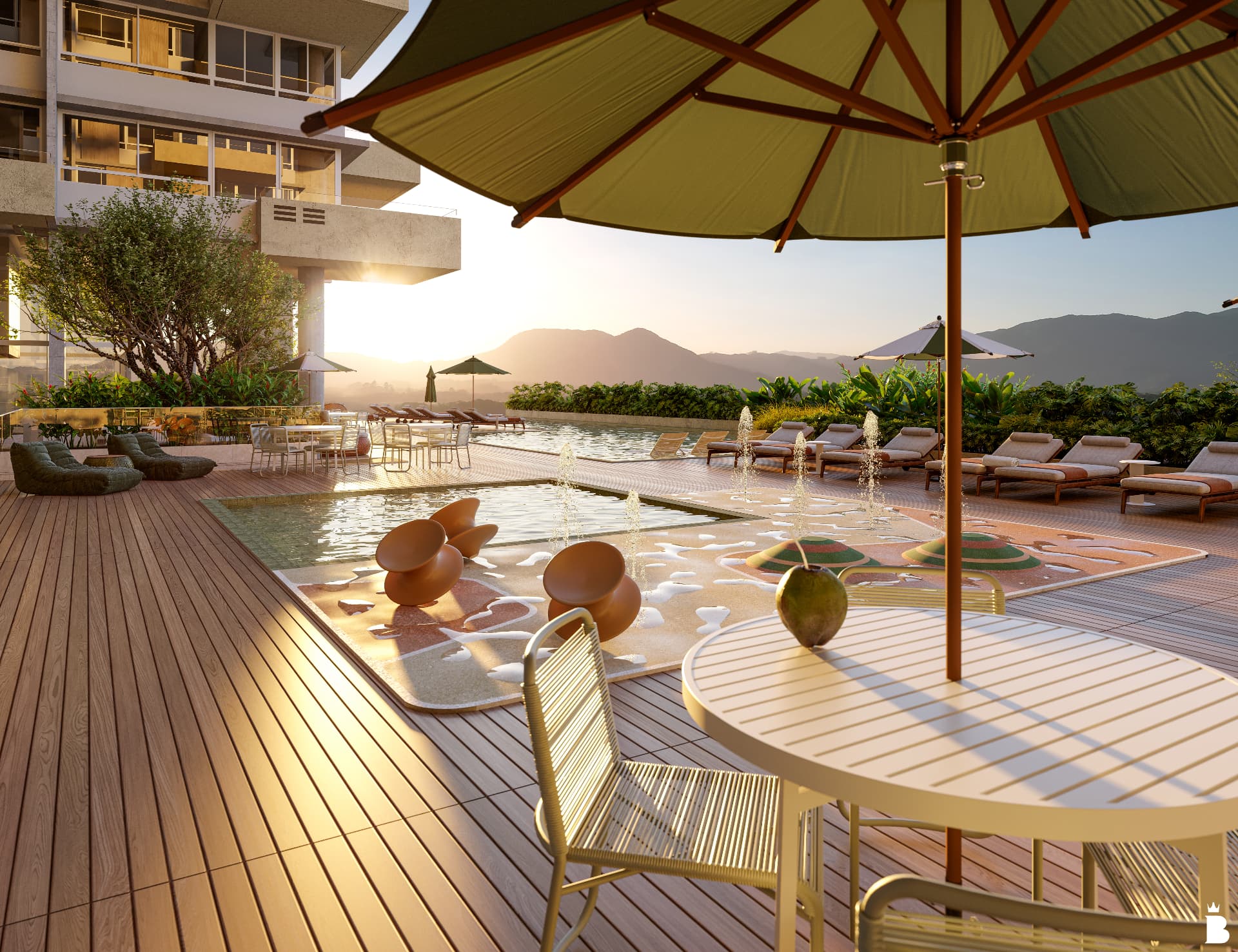 Rooftop do Vitta 27 com piscina, espreguiçadeiras e vista para as montanhas
