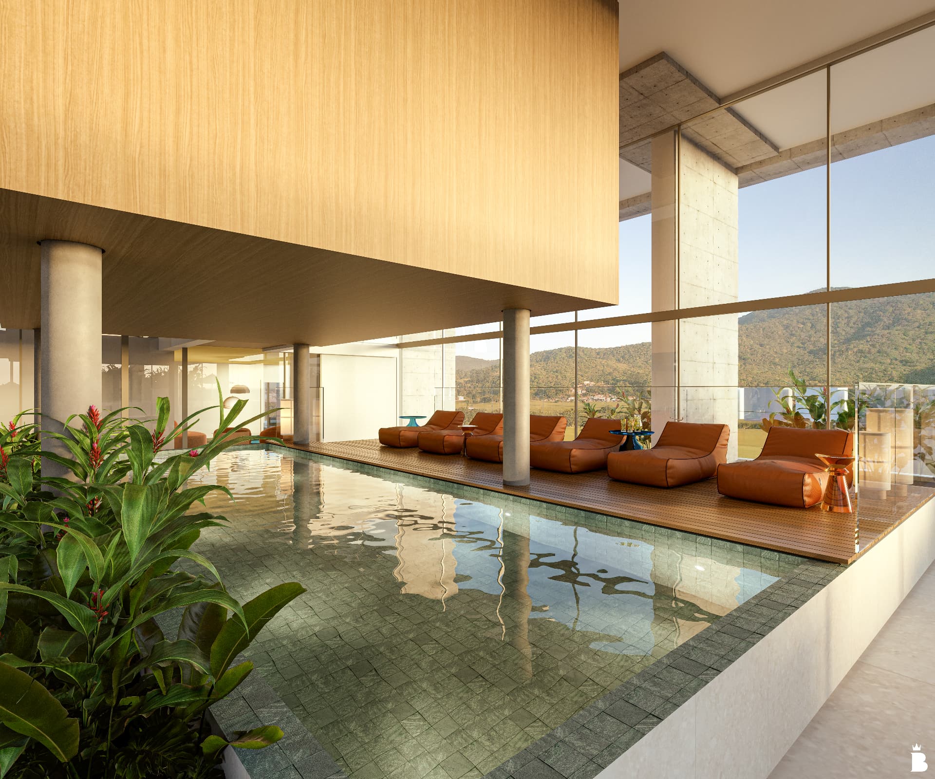 Piscina coberta do Vitta 27 com deck de madeira e lounges em couro