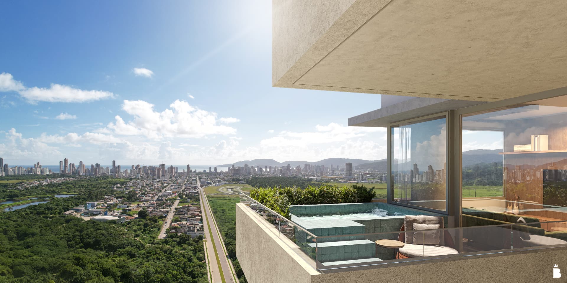 Vista do terraço do Vitta 27 com piscina privativa e cidade ao fundo