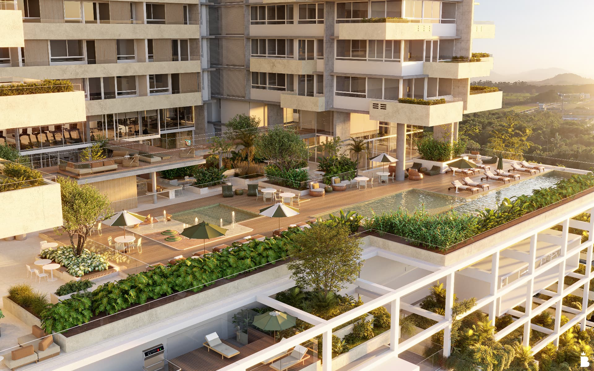 Vista aérea do rooftop do Vitta 27 com piscinas, jardins e áreas de convivência