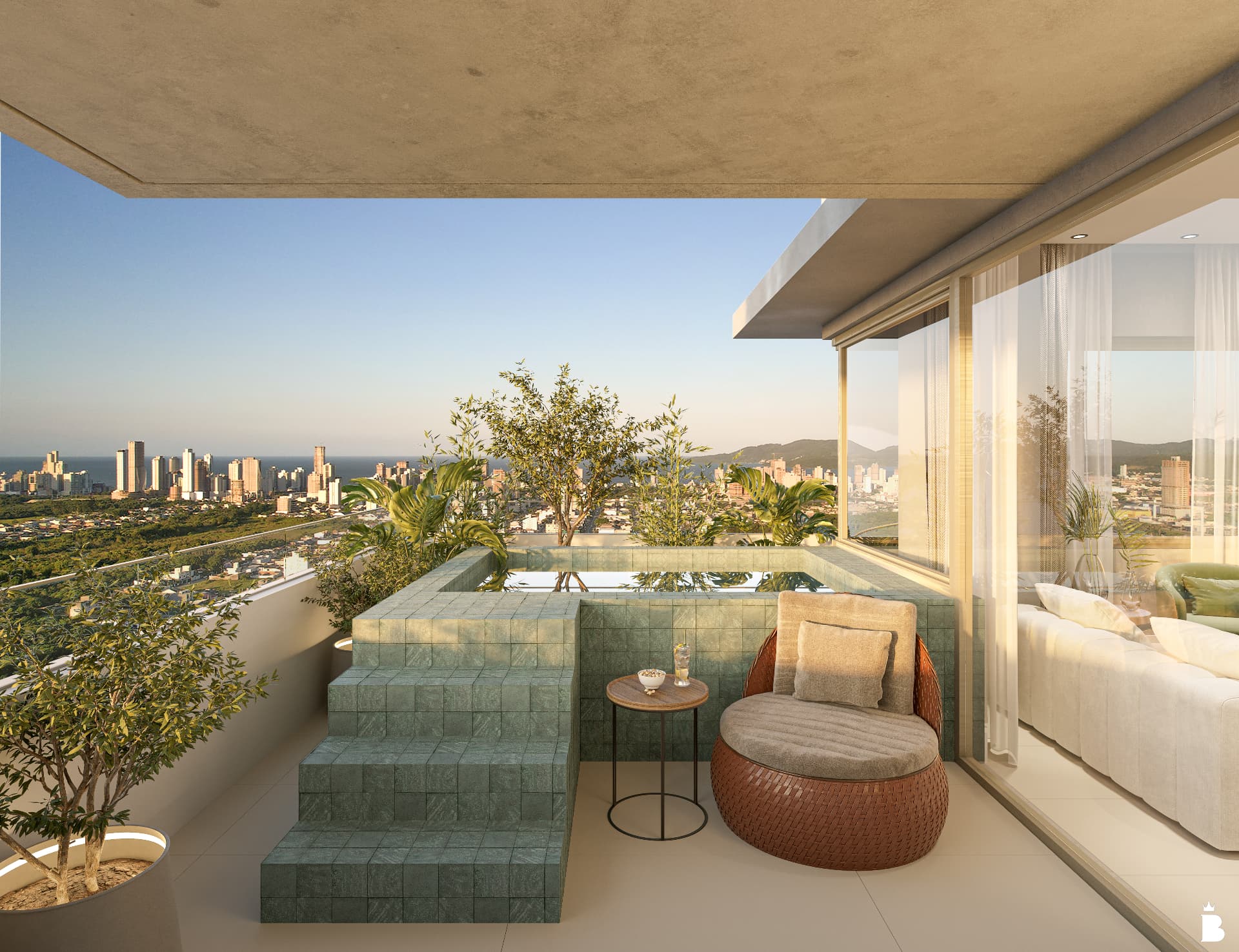 Terraço de apartamento do Vitta 27 com spa privativo e vista para o mar